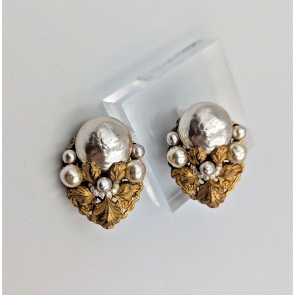 Vintage Miriam Haskell Gold Tone Faux Pearl Ornate Clip On Earrings Signed